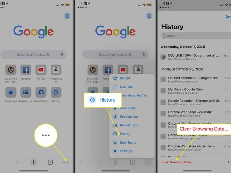 clear browser history in chrome for IOS