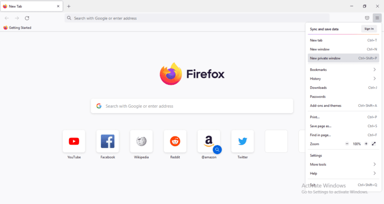 Incognito Tab in Firefox